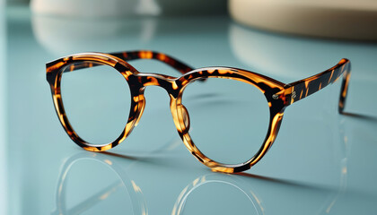 Tortoiseshell reading glasses with reflection on glass surface with copy space