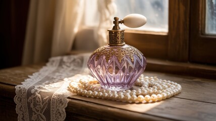 Vintage perfume bottle on lace with pearls by sunlit window