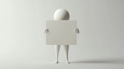 Minimal 3D white humanoid holding blank board on pure white background clean design concept simplicity message mockup modern