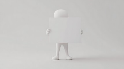 Minimal 3D white humanoid holding blank board on pure white background clean design concept simplicity message mockup modern