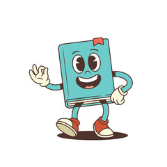 Cheerful blue cartoon book mascot walking forward with red shoes and waving hand. Friendly character with red bookmark and happy smile for educational and creative projects in vector illustration