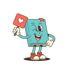Happy blue cartoon book mascot smiling and winking while holding a red heart sign, symbolizing kindness, friendliness, and positive communication in vector illustration