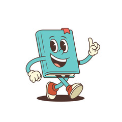 Blue cartoon book mascot cheerfully walking while showing thumbs up gesture with an excited facial expression. Perfect for education, reading, and knowledge projects. Vector illustration