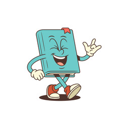 Cheerful blue cartoon book mascot joyfully laughing with closed eyes while walking and showing ILY hand gesture. Perfect for educational and emotional themed content. Isolated vector illustration
