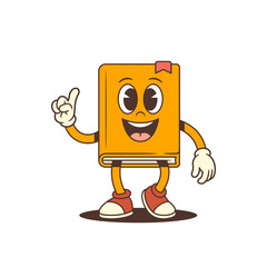 Orange cartoon book mascot excitedly showing thumbs up gesture with cheerful expression, symbolizing approval and motivation. Ideal for educational, and knowledge-themed projects. Vector illustration
