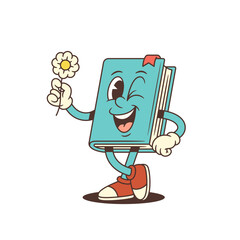 Smiling blue cartoon book mascot with red bookmark and sneakers winking and holding white daisy flower. Perfect for education, nature and children themes. Vector illustration