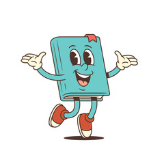 Happy blue cartoon book mascot with red bookmark and sneakers jumping with open arms in joyful friendly gesture. Perfect for educational and fun designs. Vector illustration