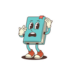 Frightened cartoon blue book mascot standing with open mouth and hands on head expressing shock or panic. Ideal for emotional or educational designs. Vector illustration