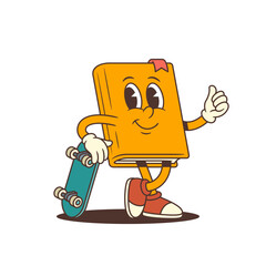 Orange cartoon book mascot leaning confidently on bright green skateboard while showing a thumbs up gesture expressing positivity and enthusiasm for learning and education themes. Vector illustration