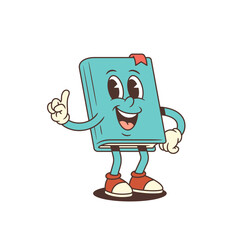 Blue happy cartoon book mascot standing with a raised finger, expressing excitement and a bright idea, symbolizing inspiration, knowledge, and enthusiasm for learning in education. Vector illustration