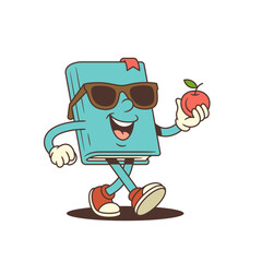 Blue cartoon book mascot wearing black sunglasses and walking with a red apple in hand, radiating fun, joy, and positive educational vibes for children and school concepts. Vector illustration