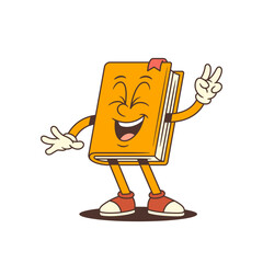 Joyful orange cartoon book mascot character laughing with closed eyes and making a victory gesture with hand. Cheerful expression in a fun educational theme. Vector illustration