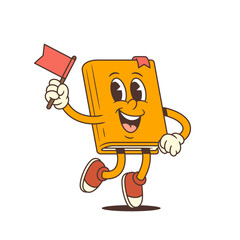Joyful orange cartoon book mascot jumping in the air while holding a red flag with a smiling expression and playful pose. Ideal for educational and fun design themes. Vector illustration