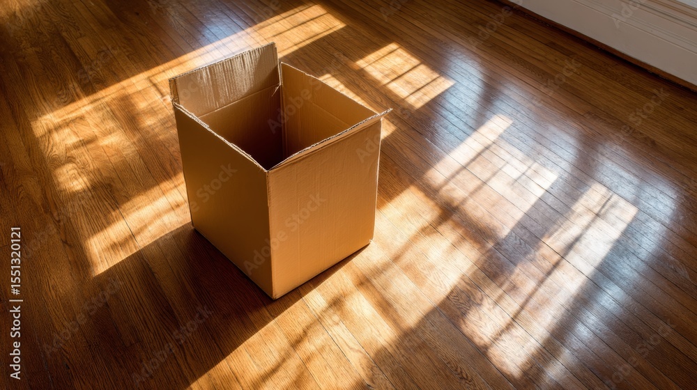 Aufkleber minimalist topdown view of an empty cardboard box on a wooden floor bathed in warm afternoon sunligh