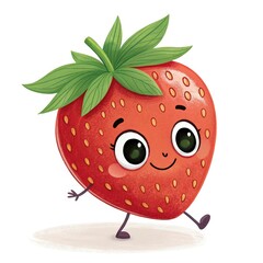 Obraz premium Cartoon Strawberry Character Walking Isolated on White Background with Green Leaves