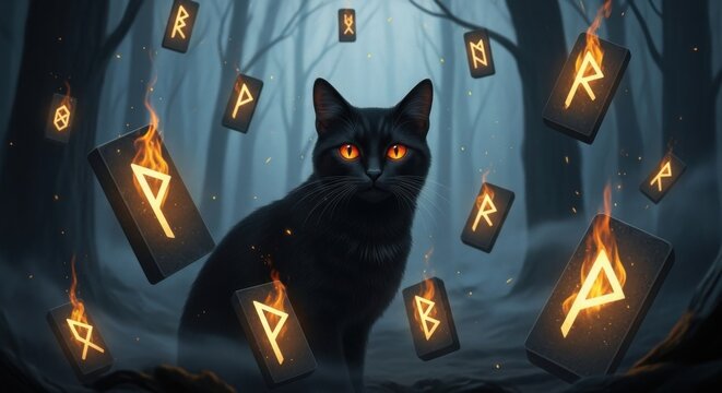 Mysterious Black Cat Surrounded by Burning Runes in an Enchanted Forest