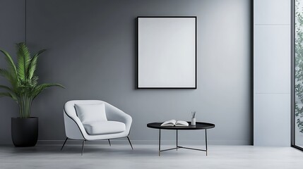 Minimalist picture frame with line art by reading coffee table in modern living room stylish decor concept