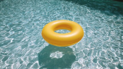 Obraz premium Bright yellow inflatable ring floating on crystalclear water in a sunny swimming pool with rippling reflections and soft shadows, evoking fun and relaxation.