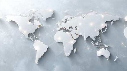 Topdown view of a minimalist white world map highlighting digital connections with subtle lines and glowing points on a bright background, emphasizing global technology networks.