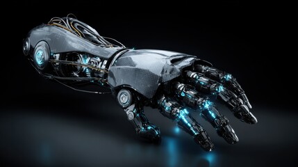 Futuristic robotic hand with glowing blue lights and exposed wires isolated on black background perfect for AI concept visuals, tech branding and cybernetic prosthetics design