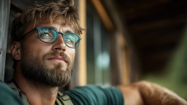 A rugged man with glasses leans against a wooden structure, lost in thought, capturing a tranquil moment that reflects introspection and connection with nature.