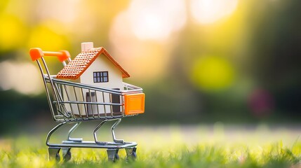 Mock house inside shopping cart concept of home buying investment real estate dream ownership planning