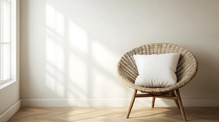 Minimalist Woven Chair with White Pillow Cozy Modern Interior Design