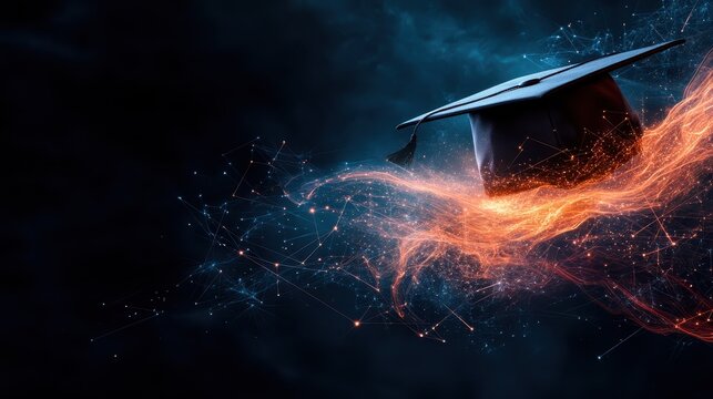 An elegant graduation cap floats amidst a captivating swirl of digital particles, representing knowledge, achievement, and the transformative power of education and technology.
