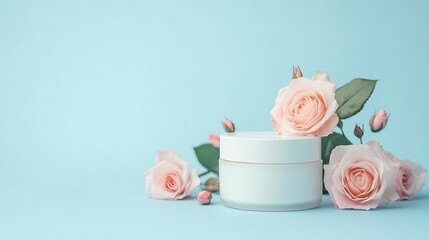 Mockup of elegant white cosmetic cream jar with soft pink roses on pastel blue background minimalist luxury skincare product showcase