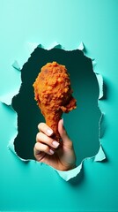 Hand Holding Crispy Fried Chicken Drumstick Emerging from a Torn Hole in Vibrant Turquoise Paper Background