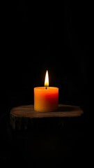 Burnt Orange Candle on Dark Wooden Plank with Flickering Flame – Hyperrealistic Close-Up Still Life