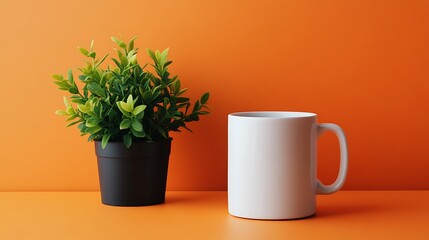 Mockup of white ceramic mug beside small green potted plant on vibrant orange background minimal clean branding presentation scene
