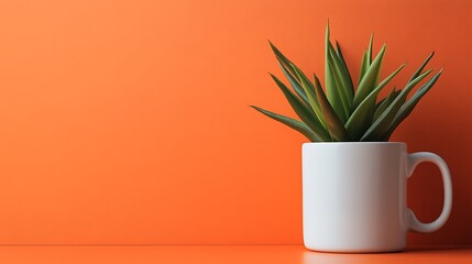 Mockup of white ceramic mug beside small green potted plant on vibrant orange background minimal clean branding presentation scene
