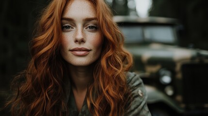 An enchanting redhead with freckles gazes into the camera amidst a lush forest, conveying a sense of mystery, beauty, and connection to nature.