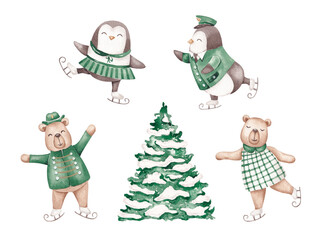 Cute skating animals in green uniform hand drawn with watercolor. Isolated on white. Gender neutral characters. For creating cards, invitations, stickers, logo