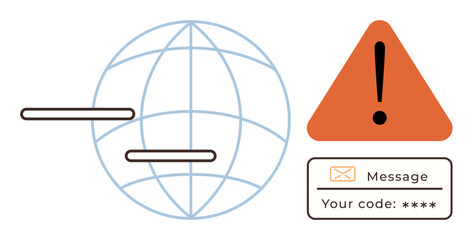 Globe with two bars, orange warning triangle with exclamation mark, and email message highlighting code for verification. Ideal for cybersecurity, data privacy, authentication, communication, online