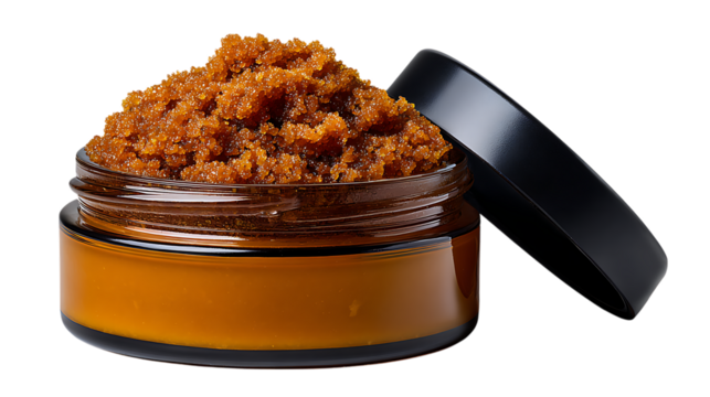 Luxurious brown sugar body scrub in a glass jar with black lid isolated on transparent background