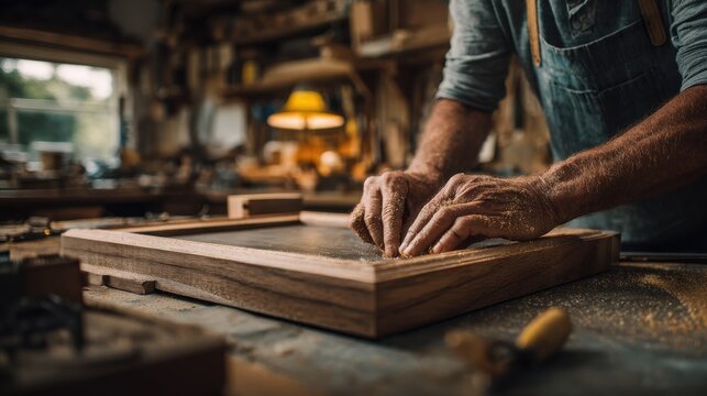 Carpenter’s hands working on wooden frame in cozy workshop filled with tools and sawdust perfect for craftsmanship visuals, DIY content and woodworking promotional materials