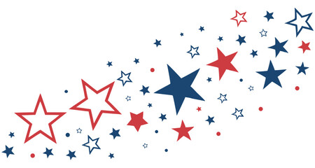 USA border, American flag stars banner, 4th July decoration. Red and blue stars and dots scattered across a white background.