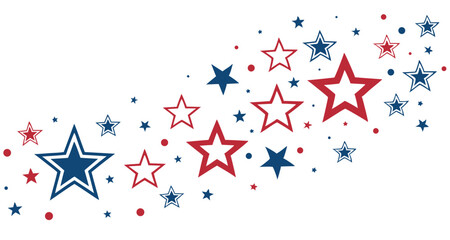 USA border, American flag stars banner, 4th July decoration. Red and blue stars and dots scattered across a white background.