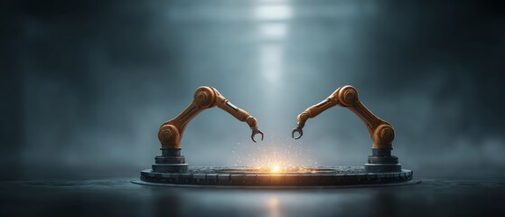 Robotic arm automation industry technology metal factory circular sparks futuristic machine working in harmony