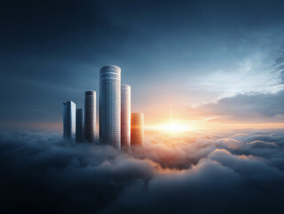 Reflective high rises under layered sunrise clouds, modern skyscraper, futuristic cityscape, dramatic sky serene atmosphere