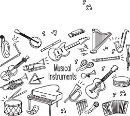 Musical Instruments Doodle Vector – Guitar, Violin, Trumpet, Drums, Music Tools, Hand Drawn Sketch Icons

