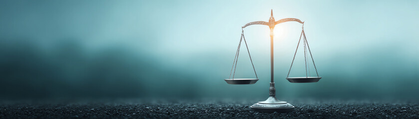Shiny steel justice scale, glowing blurred background, symbol of law, balance, equality fairness, legal concept