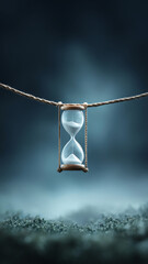 Surreal hourglass balancing on string above misty ground, symbolizing time, patience and balance in dreamy atmosphere