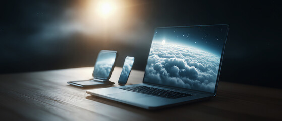 Multiple connected devices syncing through cloud technology, laptop, tablet, smartphone, modern workspace, digital communication