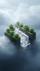 Underground storage facility hightech pipe green trees misty atmosphere futuristic environmental cloud nature technology