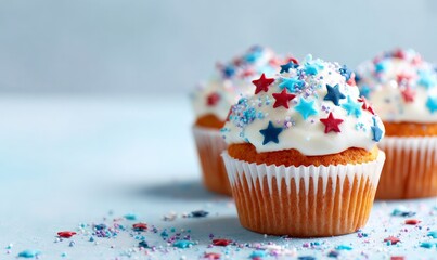 Three cupcakes with white frosting topped with red and blue star sprinkles on a light background. 4th of July, Independence day in United States of America celebration