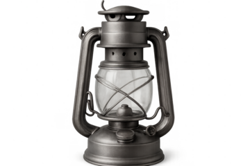Vintage kerosene lantern glowing softly, casting warm light against clean white backdrop