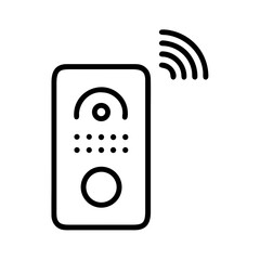 Smart intercom design with a modern black line drawing on white background, smart intercom system concept displayed. Simple smart intercom style device provides communication and security.